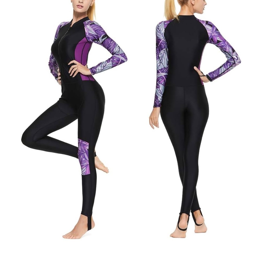 Women's Black and Purple Long Sleeve Swimwear